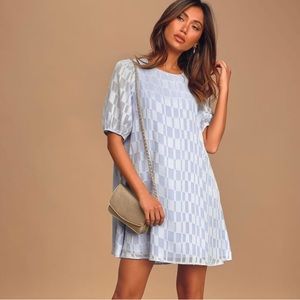 Lulu’s Check Up On It Blue and Gold Short Sleeve Shift Dress